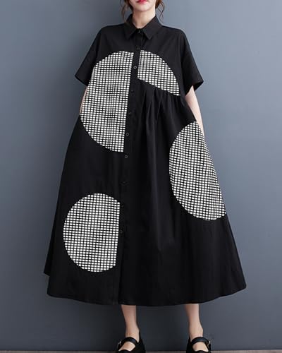 Image of ellazhu Women's Short Sleeves Button Down Patchwork Pattern Print Shirt Dress GZ151
