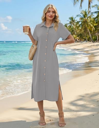 Image of HOTOUCH Womens Dress Summer Casual Midi Short Sleeve Button Down Shirt Dresses Loose Beach Cover Up with Pockets