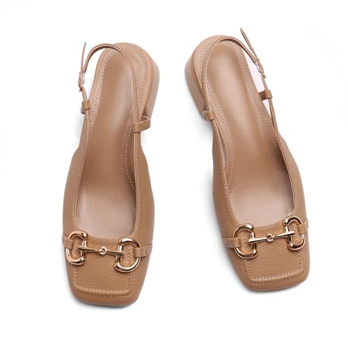 Image of Slingback Mary Jane Heels for Women Low Block Heel Closed Square Toe Pump Shoes Heels Classic Daily Office Dressy Shoes