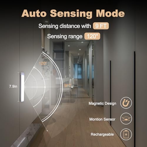 Image of 6 Pack Motion Sensor Under Cabinet Light, Magnetic Rechargeable Warm White 2 Color Under Counter Light, 8 Inch LED Closet for Stair Bedroom Cupboard
