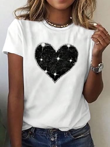 SweatyRocks Women's Heart Print Glitter Sequin T Shirts Casual Round Neck Short Sleeve Tee Tops3