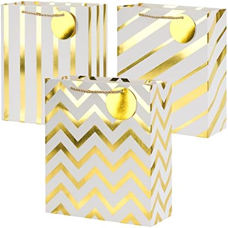 Livememory 12pcs Medium Gift Bags, Paper Party Bags with Handles for Party, Birthday, Wedding, 25.5 x 21 x 10cm,Golden & White