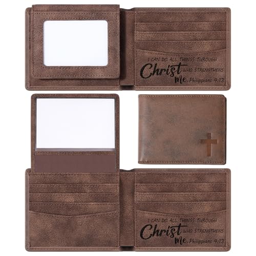 Sadnyy Christian Gifts Leather Wallet for Men Genuine Leather RFID Blocking Bifold Bible Verse Engraved Brown Faith Religious Gift for Husband Dad Grandpa Birthday Easter Gift(Philippians 4: 13)