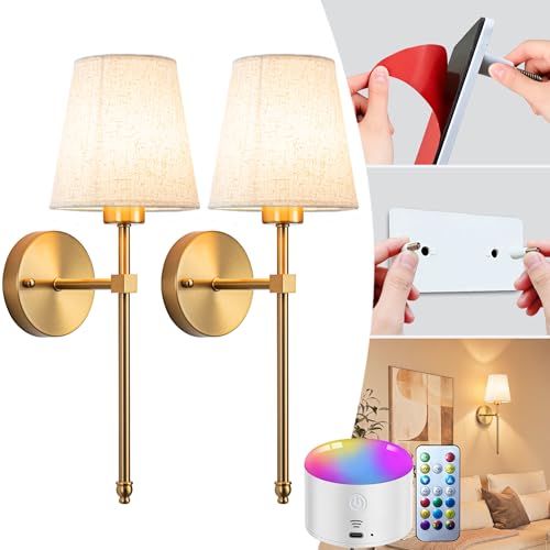 Battery Operated Wall Sconce Set Of Two with Remote Control, Indoor Not Hardwired Dimmable Battery...