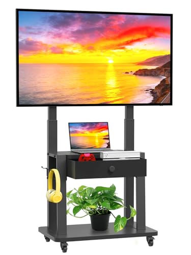 Stojak na telewizor z szufladą z materiału, do płaskich i zakrzywionych ekranów 32-75", z regulacją wysokości, LCD/LED/OLED, z miejscem do przechowywania, mobilny wózek telewizyjny na kółkach