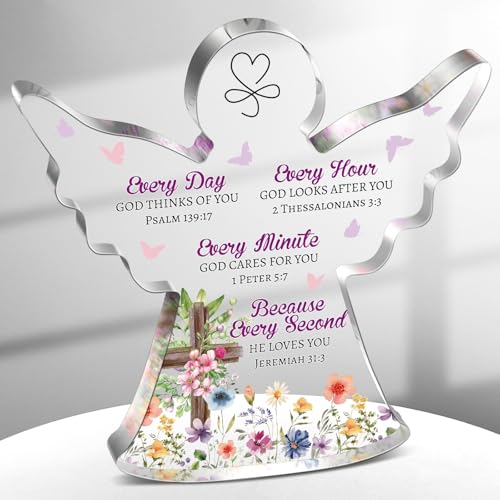 Gerrii Christian Gifts for Women Angels Figurines Inspirational Religious Gifts for Her Bible Verse Desk Decor Spiritual Acrylic Plaque Sign Decor for Birthday Holiday Mom Sister(Cross Butterfly)