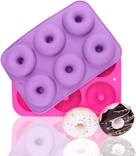 OISLFLTQ 2-piece packaging donut set non stick donut plate suitable for 6 donuts, making perfect donut cakes, cookies, bagels, just pop out (purple rose red)
