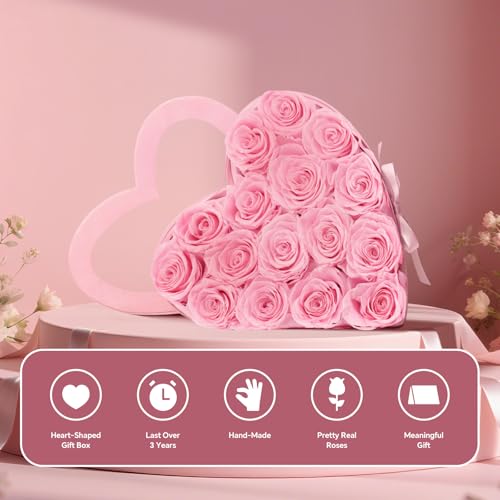 16 Preserved Roses Heart Shape Box, Forever Real Roses Gift, Forever Flowers Gift for Her Women Girlfriend Wife Mom Valentines Birthday Pink - Image 5
