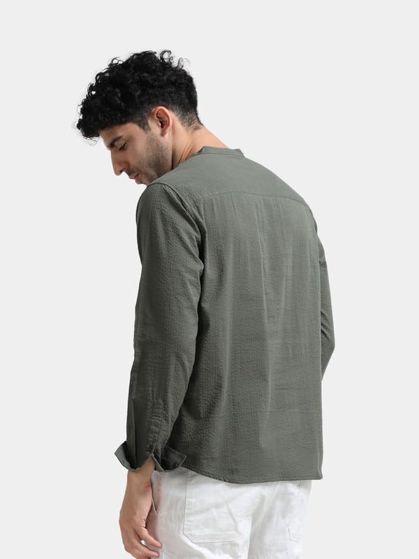 Image of StitchX Men's Seersucker Band Collar Pure Cotton Striped Kurta Shirt-S-2XL
