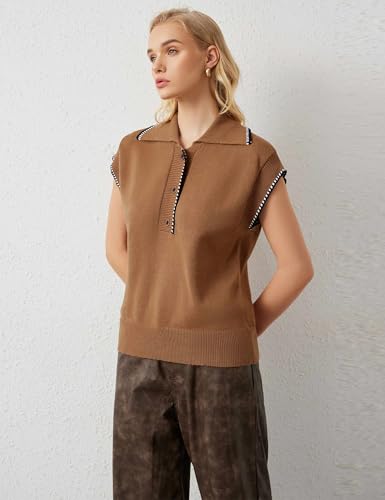 Image of MISSACTIVER Women Casual Button Down Lapel Collar Sweater Vest Sleeveless Knit Loose Fit Stripe Trim Pullover Tank Tops(Medium,Light Brown)