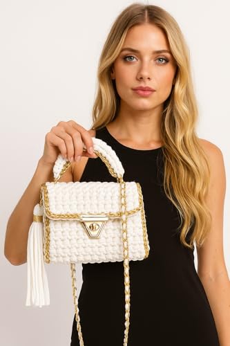 Image of Evening Clutch Bag for Women, Handmade Crochet Wedding Party Purse, Small Flap Formal Crossbody Handbag Evening Clutch