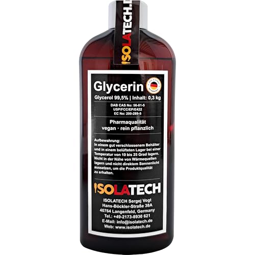 ISOLATECH Glycerin 99,5% 250ml Pharmaqualität made in Germany, gemessen 99,98% rein Pflanzlich, Glyzerin Glycerol flüssig transparent 250ml-Flasche (Inhalt 300g)