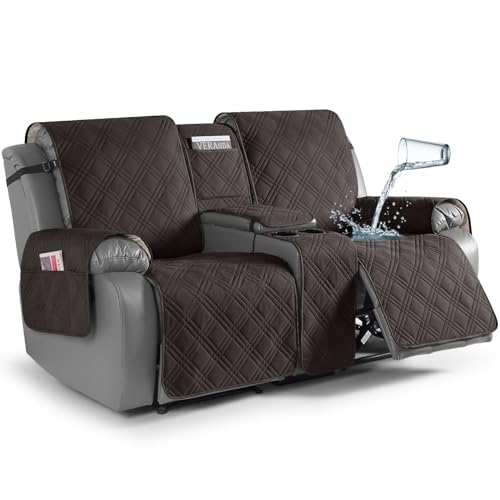 Image of TAOCOCO Polyester Loveseat Recliner Cover With Center Console - 100% Waterproof Pet Protector for Dual Recliner With Cup Holder, Split Reclining Furniture for Pets & Kids (2 Seater, Coffee)