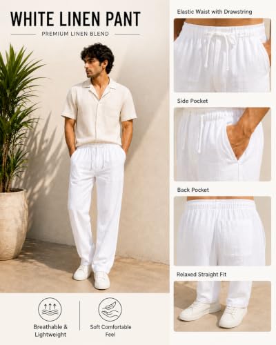 Image of Linen Pants for man || Relaxed Fit Casual Trousers for Men || Men's Lightweight Breathable Pants || Elastic Waist with Drawstring || All Season Pant for Regular, Travel & Office Wear