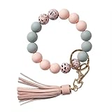 BIHRTC Keychain Wristlet Bracelet Silicone Key Ring Bracelet Wristlet Keychain with Leather Tassel Wrist Key Ring Bangle Silicone Bead keyring for Women