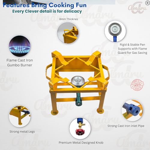 Image of Amaru Single Burner Iron Square Chulha Canteen Bhatti Commercial Gas Stove -Multi Colour, Manual (Medium-12x12x9)