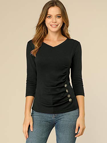 Allegra K Women's V Neck Blouse 3/4 Sleeves Solid Knitted Buttons Decor Ruched Top3