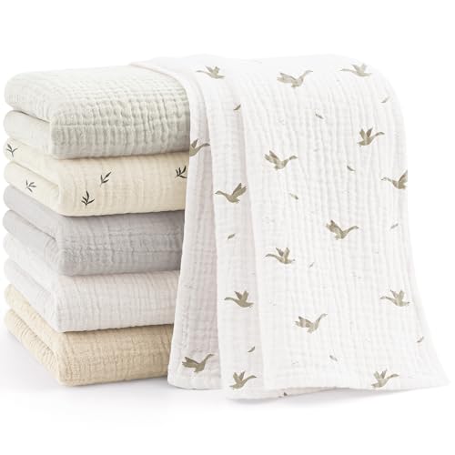 Image of Bearmoss 6 Pack Muslin Burp Cloths for Baby, 100% Cotton Soft Large Burping Cloths for Unisex, Boy, Girl, 23.6" X 23.6" Newborn Essentials Absorbent Milk Spit Up Rags (White Apricot)