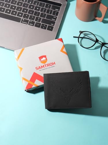 Image of SAMTROH Vegan Leather Wallet for Men | Vintage Printed | Premium Vegan Leather Craftsmanship | 3 Card Slots I 2 Cash Compartments & Secret Slots | 1 Coin Pocket. (Eagle, Black)