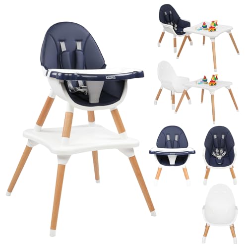 Image of JOYMOR 5-in-1 Convertible Baby High Chair for Babies and Toddlers, Table and Chair Set, Wooden Infant Eating Highchair with Leather Seat Cushion, 4-Position Removeable & Adjustable Tray