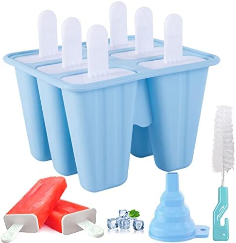 Silicone Popsicle Molds, 6 Pieces Ice Pop Molds, BPA Free Popsicle Mold Reusable Easy Release Ice Pop Maker, Popsicle Mould with Cleaning Brush and Silicone Funnel, Popsicle Molds Blue