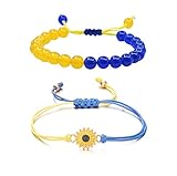 Pingyongchang Ukraine Flag Bracelet with Natural Crystal, Adjustable Bangles Set, Ukrainian Yellow Blue Bracelet, Hand Braided Bracelet for Men Women Unisex - 2pcs