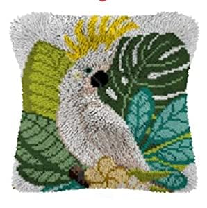ROCKY&CHAO White Parrot 43x43cm Latch Hook Kit for Adults & Kids DIY Cushion Making Craft Kits with Yarn & Canvas and Crochet Needle, Latch Hook Pillow Cover Adult Craft Kits Home Decor for Women