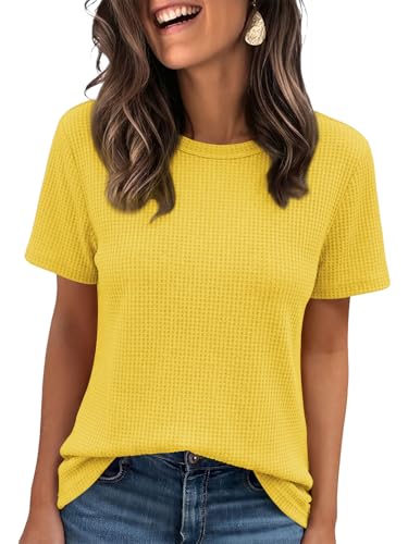 Cuptacc T Shirt Damen Sommer Rundhalsausschnitt Kurzarm Tops Basic Bluse Gestrickte Oberteile Party Gelb Mittel M 38-40