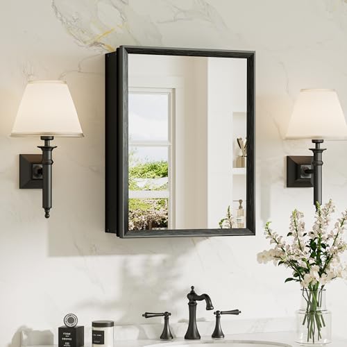 TokeShimi 14 x 18 Recessed Medicine Cabinet Assembly Required Black Bathroom Medicine Cabinet with Mirror Stepless Adjustable Shelves Tempered Glass Beveled Aluminum Frame