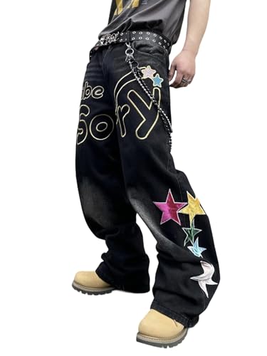 Men's Hip-hop Embroidered Baggy Jeans Loose Fit Denim Black Trousers
