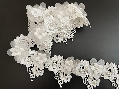 Pepperlonely 1 Yard White Pearl Rose Flower Embroidered Lace Trim Ribbon Wedding Applique Diy Sew On Supplies Craft Decoration 2 Inch Width, White #TOP2