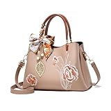 NICOLE & DORIS Top Handle Bag for Women Embroidered Handbags Multi Pocket Shoulder Bags PU Leather Crossbody Bag Khaki