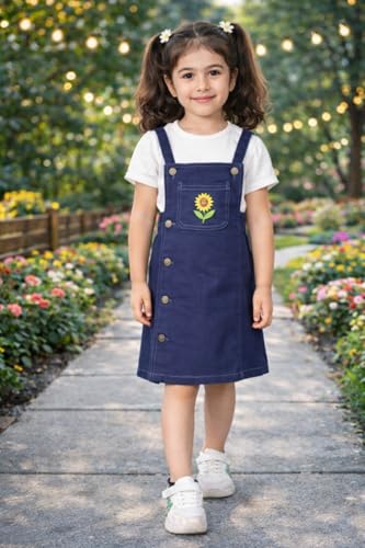 Image of superminis Girls Twill Denim Solid Color Dungree /Dress With Embroidered Pocket (1 Dress,1 Tee)