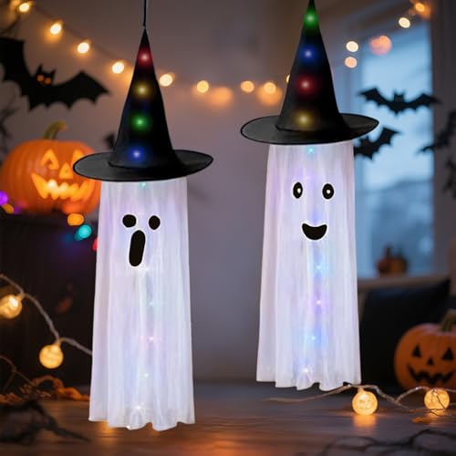 Pack of 2 Halloween Windsocks Ghost Hanging Decoration, Ghost Windsock Flag Halloween Decoration Outdoor with LED Light, Ghost Windsocks for Home, Yard, Patio, Lawn, Garden