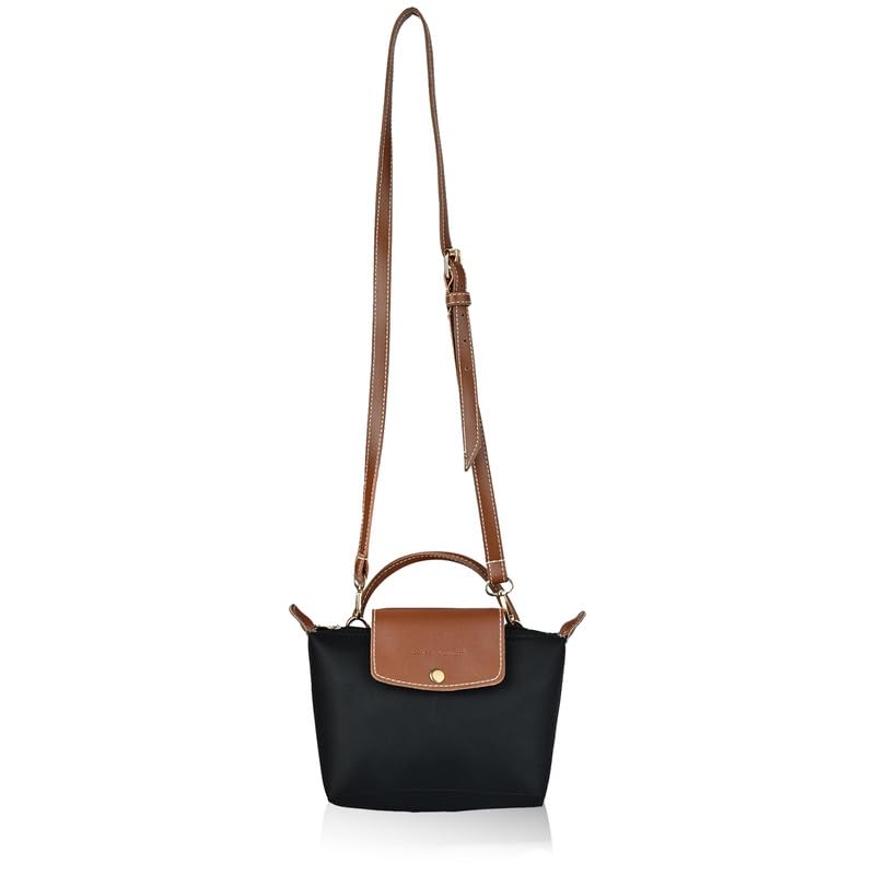 CLASSY WOMEN Sling Purse - Lightweight Waterproof Recycled Nylon Convertible Crossbody Bag with Tan Leather Accent Flap-image-37