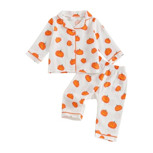 Kids Baby Boy Girl Halloween Pajamas Set Cotton Linen Button Down Pumpkin Long Sleeve Shirts Tops and Pants Pj Sets