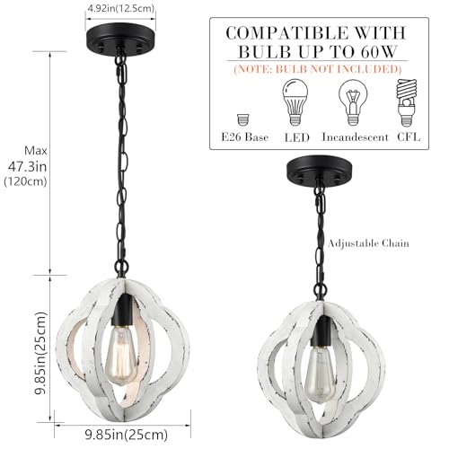 SAMTEEN Farmhouse Wood Pendant Light Distressed White Wood Chandelier Lighting with Adjustable Chain Wooden Hanging Light Fixtures for Kitchen Island Dining Room Bedroom - Image 5