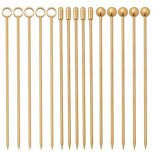 I-MART 15 Pack Stainless Steel Cocktail Picks Martini Olive Skewers, Reusable Metal Garnish Sticks for Drinks, Appetizers, Bloody Mary, Olives, Citrus, Fruit Decor (Gold, 4.25 Inch)