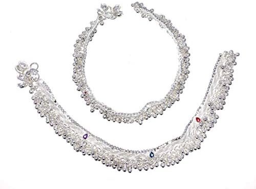 Duel On Jewel Ethnic Indian Silver Jhanjar Beads Payal Bells Anklet Pair in Multicolor Enamel For Women - Dance Bridal Wedding