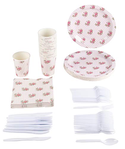 Striped Vintage Floral Party Bundle Includes Plates Napkins Cups and Cutlery 24 Guests144 Pieces