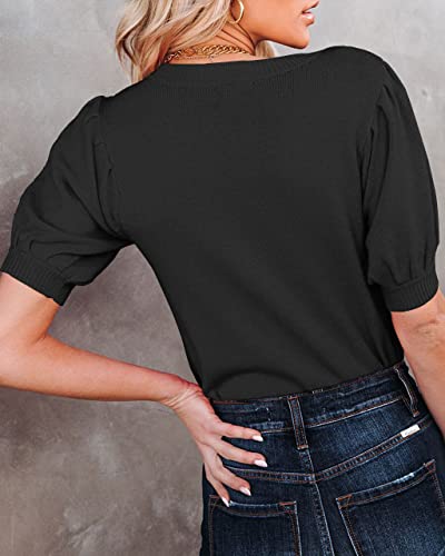 Image of Womens Puff Short Sleeve Sweater Tops Crewneck Basic Knit Pullover Lightweight Solid Casual Sweaters