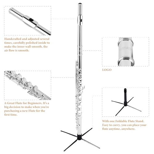 Image of YANASON C Flute Closed Hole 16 Keys Flute Nickel-Plated for Beginner, Kids, Student with Carrying case, Metal stand, Gloves, Tuning Rod, Cleaning kit