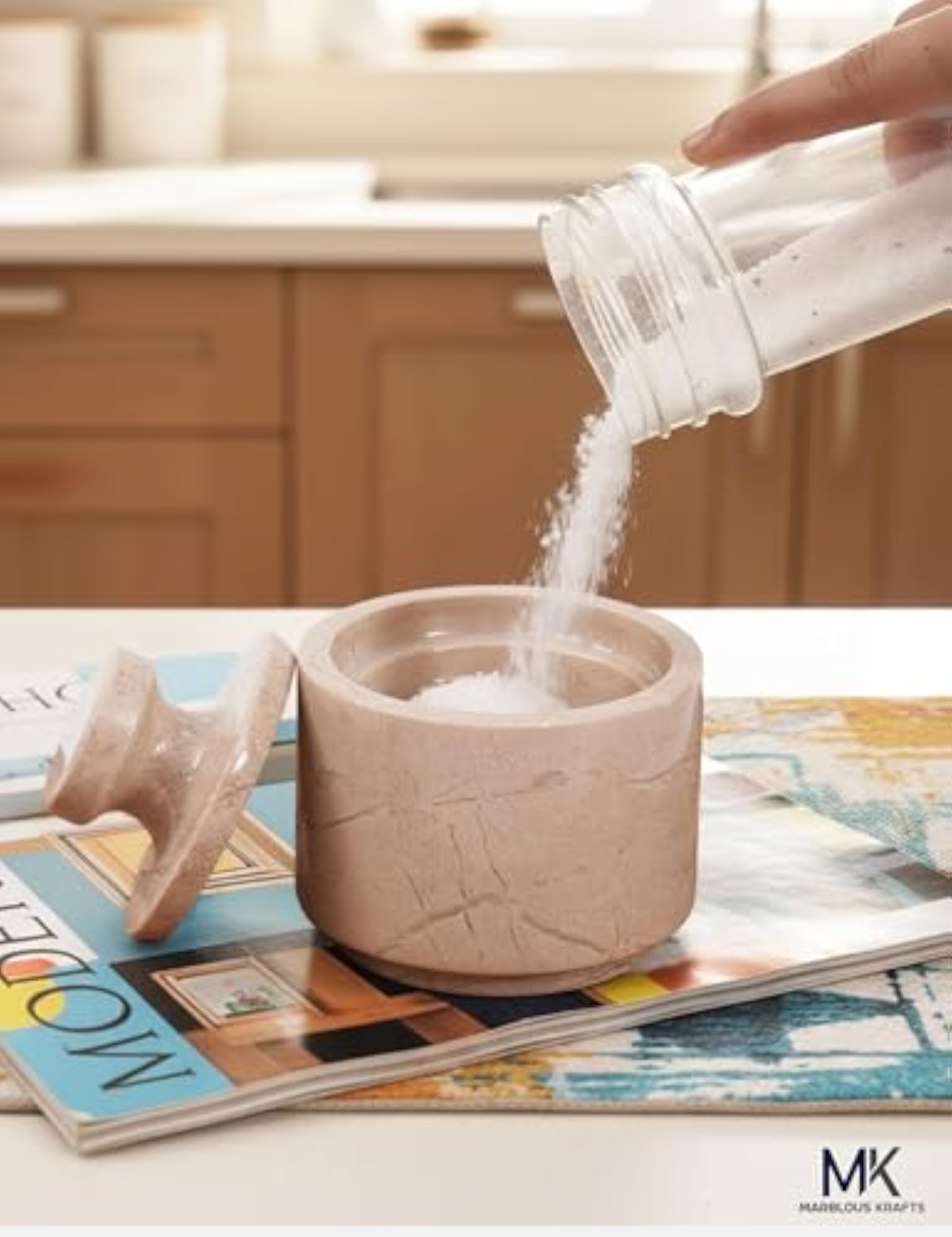 Marble Salt Cellar with Lid and Spoon, Kitchen Decor