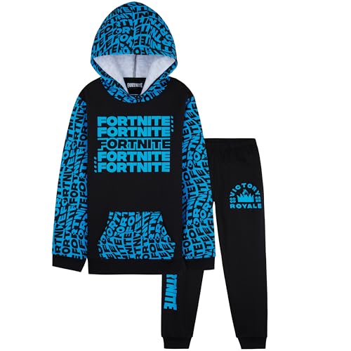 Fortnite Tracksuit Set for Boys Teens 2-Pc Hoodie & Joggers Pullover Sweatshirt with Kangaroo Pocket Gamer Gifts for Boys (14-15 Years Black/Blue)