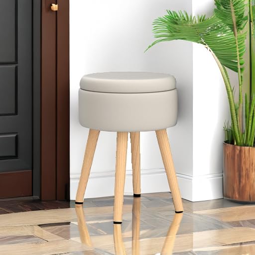Taburete otomano de almacenamiento redondo de lino con patas de madera, reposapiés tapizado multifuncional para sala de estar, baño, maquillaje (blanco) 5