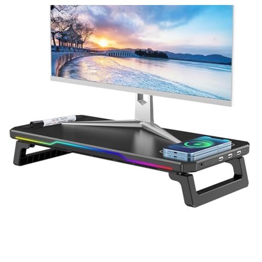 15W Fast Wireless Charging and 4-Port USB Hub (3.0 & Type-C) Monitor Stand ,Single Shelf Holder Raiser Organizer for Computer iMac Laptop PC Screen,Vibrant RGB Lighting Desk Organizer for Office/Home ,Black/White