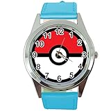 Mecanismo de cuarzo fiable. Reloj redondo de piel azul para fans de los monstruos de bolsillo