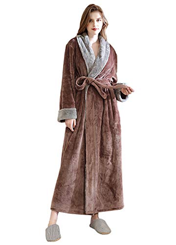 Women's Plush Fleece Robe Long Lounge Bathrobe Warm Soild Full Length Housecoats Coffee