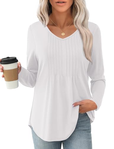 JUSTFASHIONNOW Shirts for Women Trendy Long Sleeve Tops Dressy Blouses Pleated Maternity V Neck Shirt Tunics to Wear with Leggings Early Fall Fashion (White, Large) — view 4