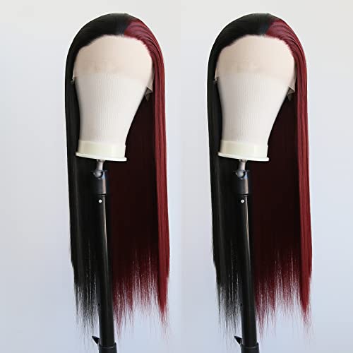 Towarm Black and Burgundy Wig, Long Straight Synthetic Lace Front Wig